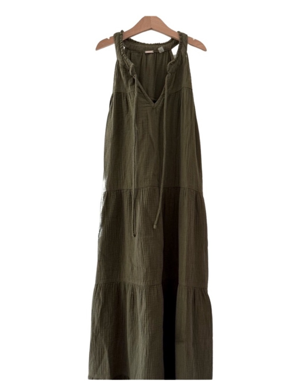 Tahari Olive Tiered Maxi Dress S 100% Cotton Gauze